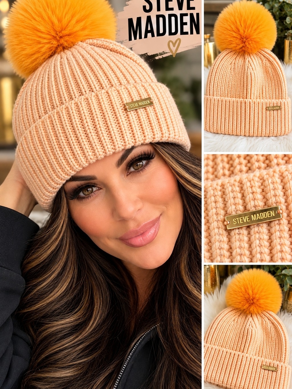 Steve Madden Peach Knit Beanie with Orange Pom